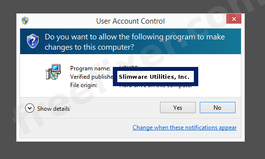 Screenshot where Slimware Utilities, Inc. appears as the verified publisher in the UAC dialog